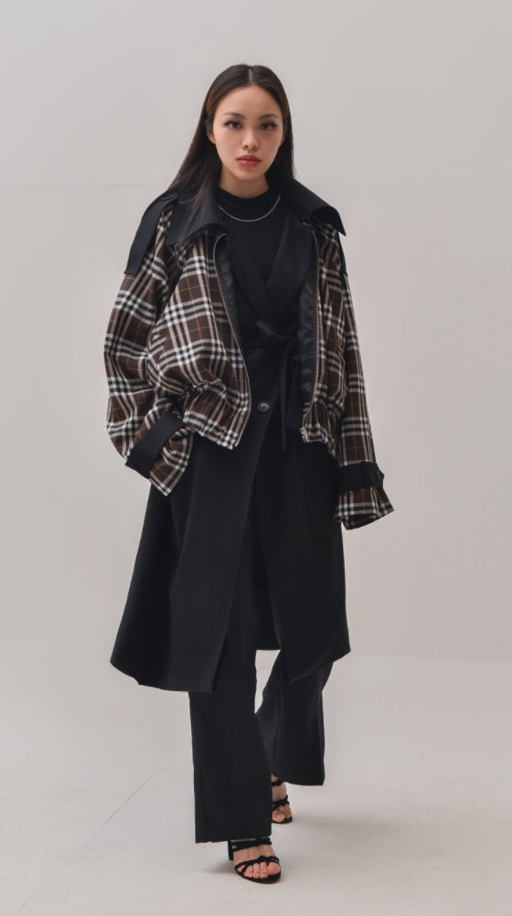 A-WENDE(オウェンド) Plaid Crop Trench coat / black