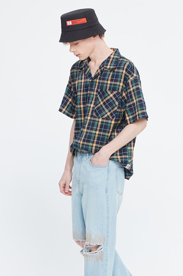 ベドインベド(BADINBAD)   SQUARE CHECK POCKET SHIRT_NAVY