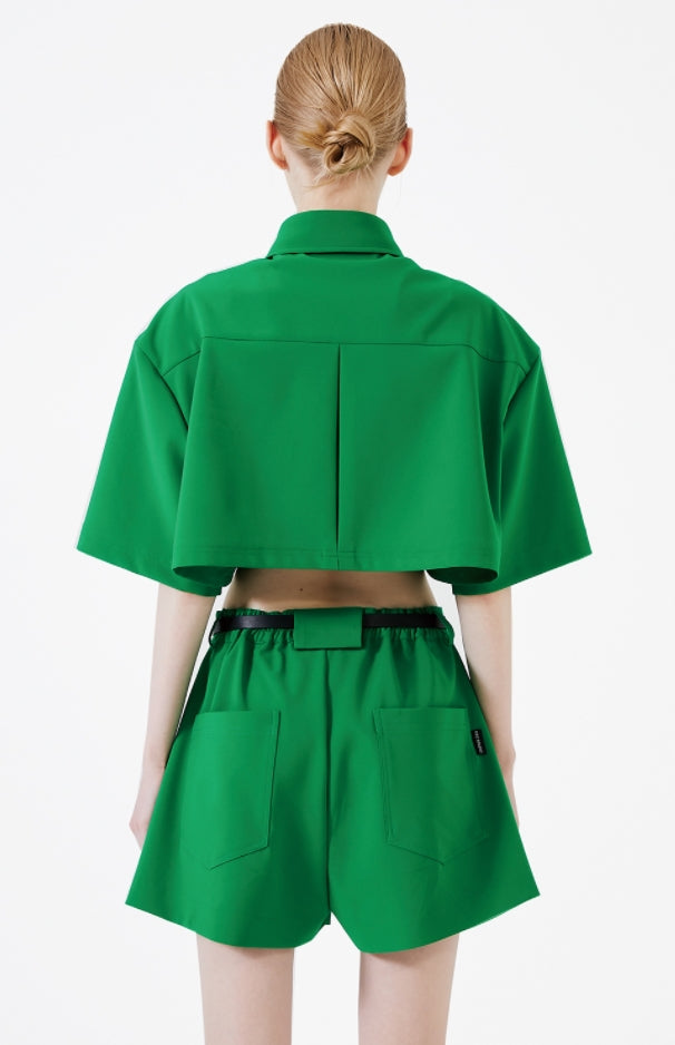 イーエスシースタジオ(ESC STUDIO) Stud crop pad shirt jacket (green)