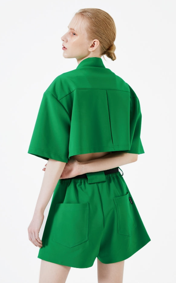 イーエスシースタジオ(ESC STUDIO) Stud crop pad shirt jacket (green)