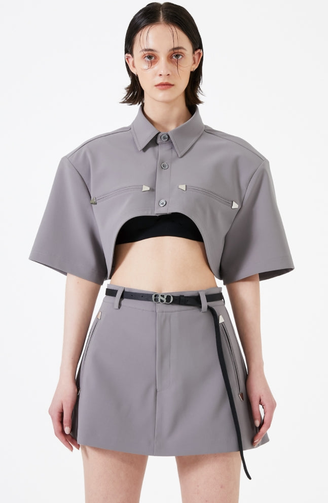 イーエスシースタジオ(ESC STUDIO)  Stud crop pad shirt jacket (grey)