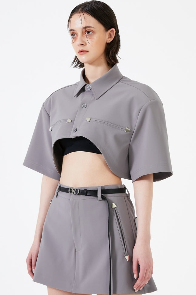 イーエスシースタジオ(ESC STUDIO)  Stud crop pad shirt jacket (grey)