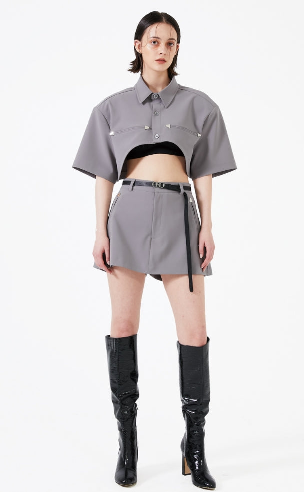イーエスシースタジオ(ESC STUDIO)  Stud crop pad shirt jacket (grey)