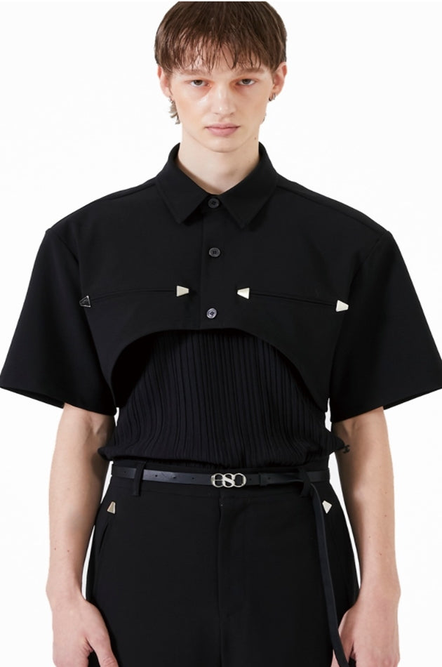 イーエスシースタジオ(ESC STUDIO)  Stud crop pad shirt jacket (black)