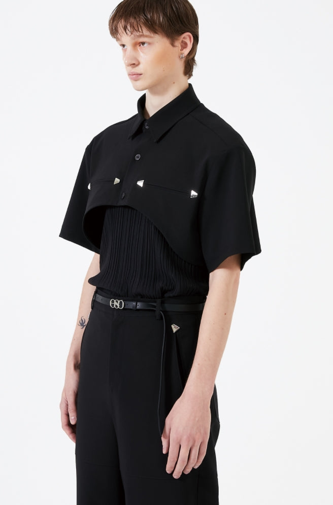イーエスシースタジオ(ESC STUDIO)  Stud crop pad shirt jacket (black)