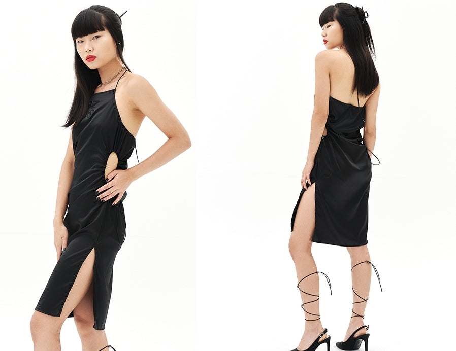 オージーオーディー(OZOD)  SATIN HOLE DRESS_BLACK