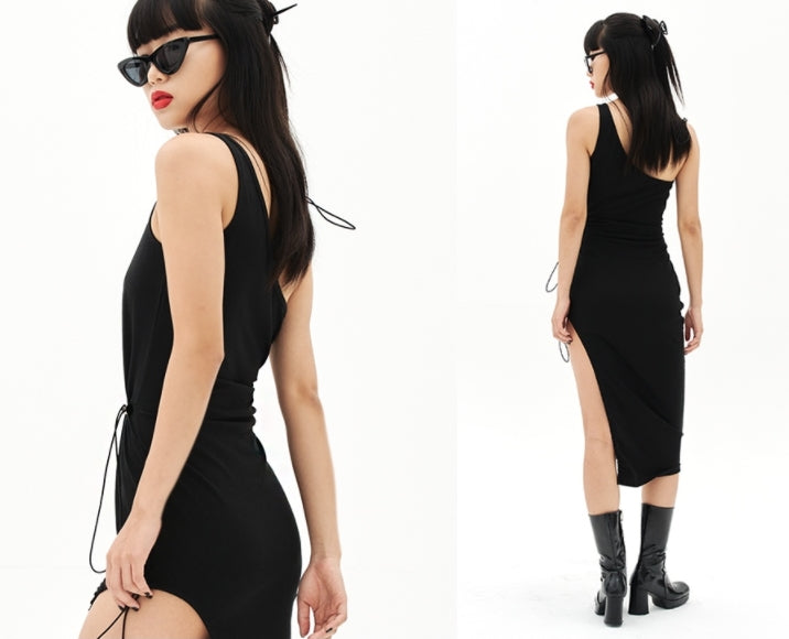 オージーオーディー(OZOD)  GATHER SLIT DRESS_BLACK