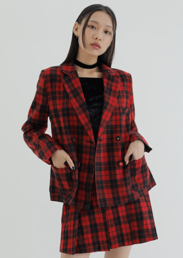curetty (キュリティー) C CHECKED DOUBLE BUTTON JACKET_RED