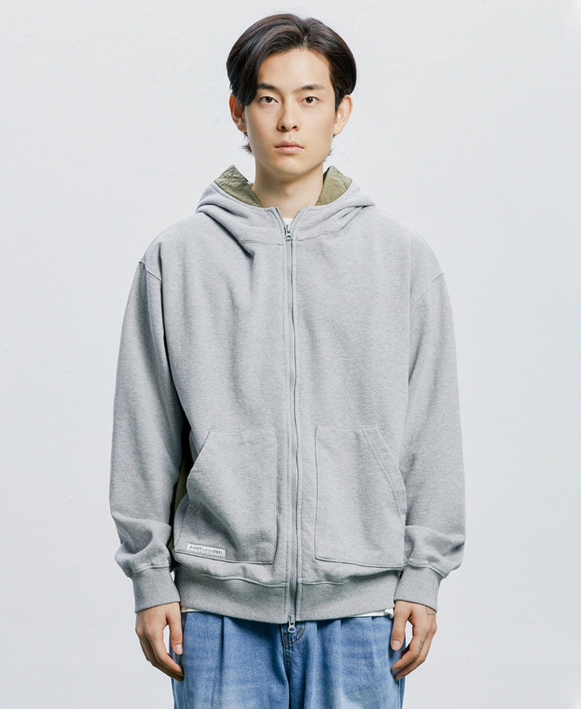 QUIETIST (クワイエティスト) Fabric Mix Hood Zip-up (gray)