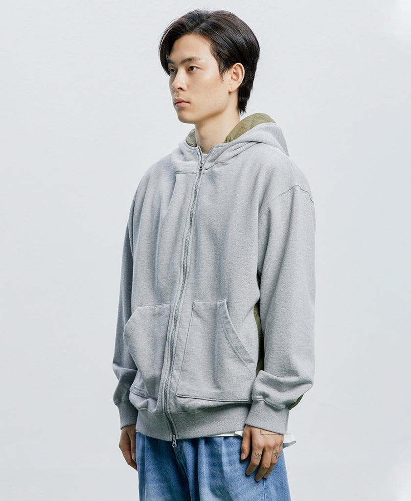 QUIETIST (クワイエティスト) Fabric Mix Hood Zip-up (gray)