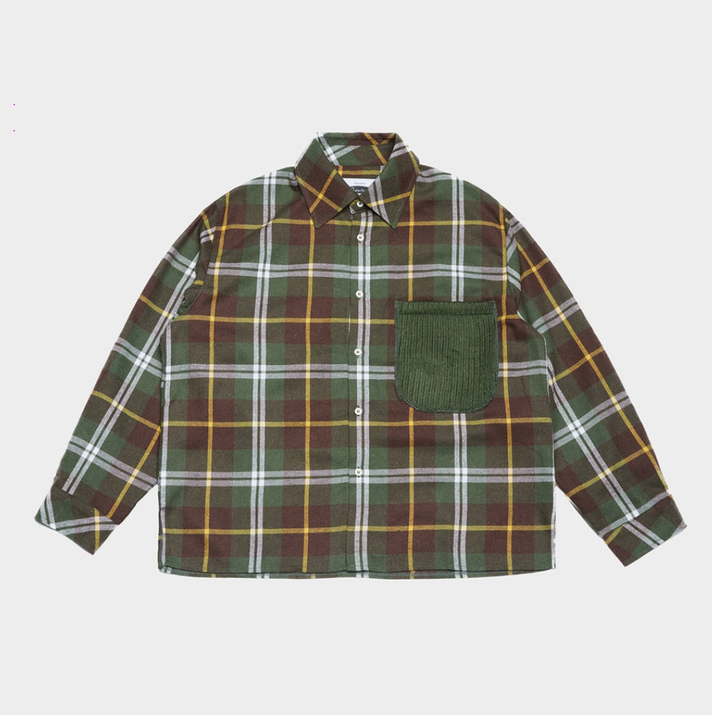 QUIETIST (クワイエティスト) Knit Pocket Check Shirts (khaki)
