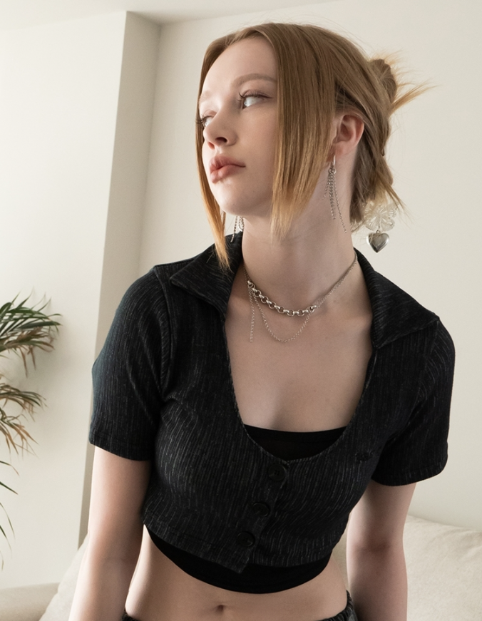 BABLETWO  (ビーエーブルトゥー)       Crop Pique Cardigan_BLACK