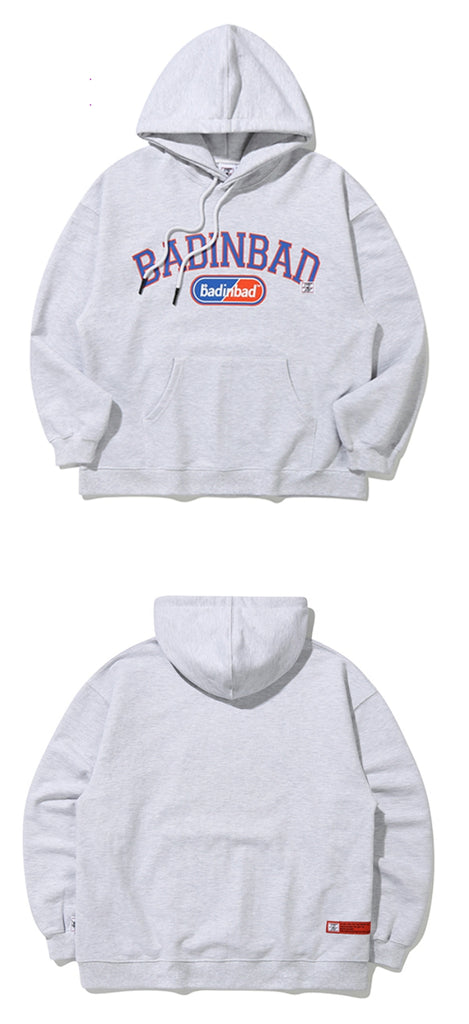 ベドインベド(BADINBAD) COLLEGE FONT HEAVY WEIGHT HOODIE_LIGHT GREY