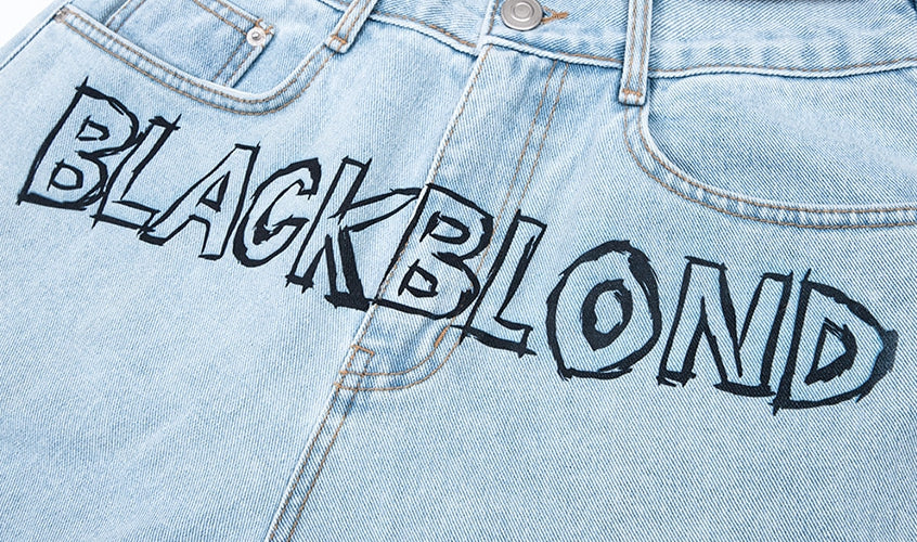 ブラックブロンド(BLACKBLOND) BBD Border Graffiti Smile Logo Denim Pants (Light Blue)