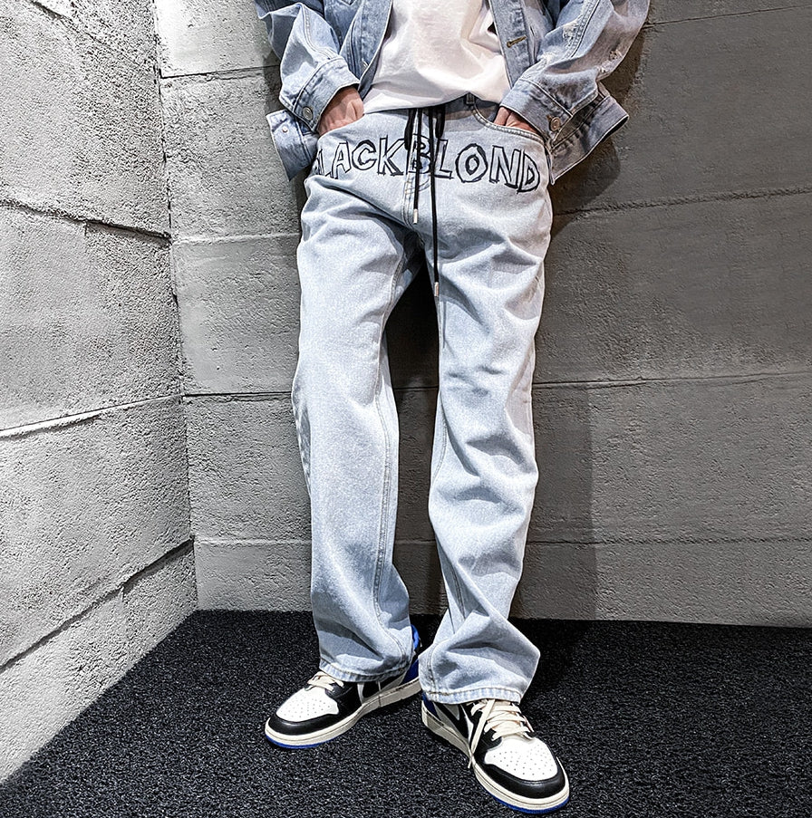 ブラックブロンド(BLACKBLOND) BBD Border Graffiti Smile Logo Denim Pants (Light Blue)
