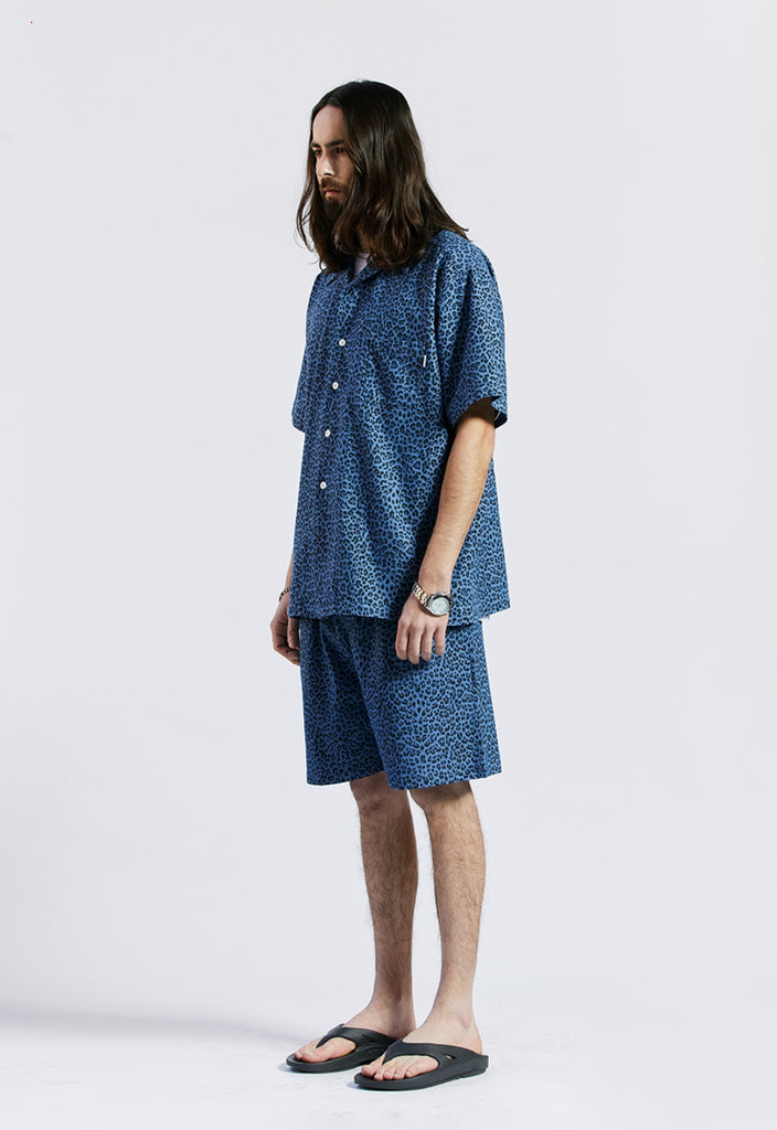 セイントペイン(SAINTPAIN) SP OVER FIT DENIM LEOPARD OPEN COLLAR SHIRTS-DEEP BLUE
