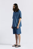 セイントペイン(SAINTPAIN) SP OVER FIT DENIM LEOPARD OPEN COLLAR SHIRTS-DEEP BLUE