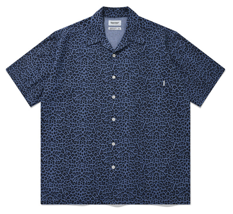 セイントペイン(SAINTPAIN) SP OVER FIT DENIM LEOPARD OPEN COLLAR SHIRTS-DEEP BLUE