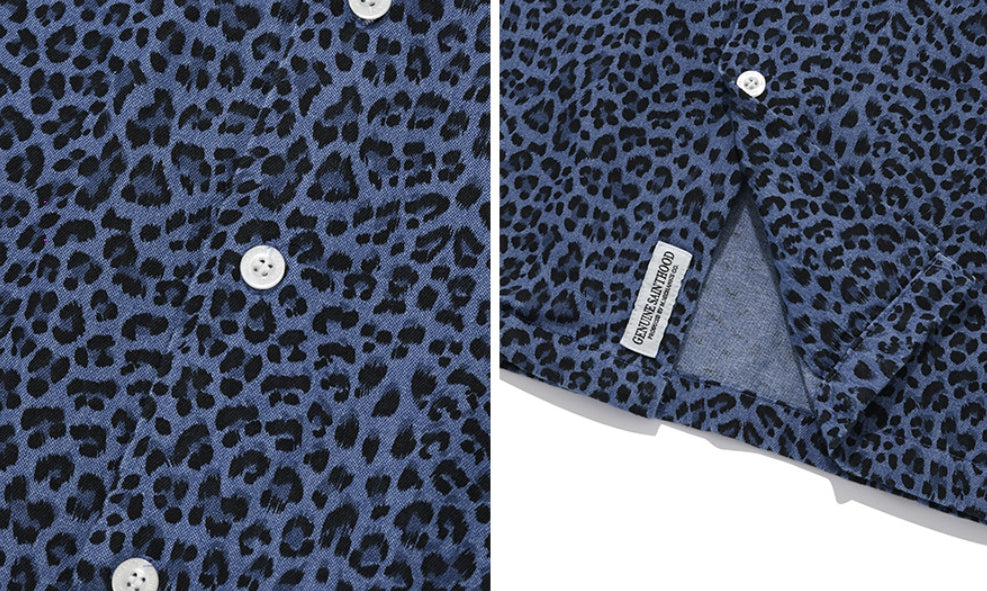 セイントペイン(SAINTPAIN) SP OVER FIT DENIM LEOPARD OPEN COLLAR SHIRTS-DEEP BLUE