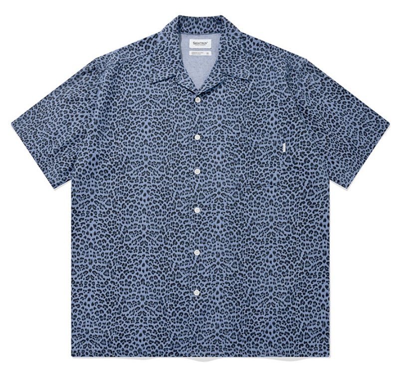 セイントペイン(SAINTPAIN) SP OVER FIT DENIM LEOPARD OPEN COLLAR SHIRTS-LIGHT BLUE