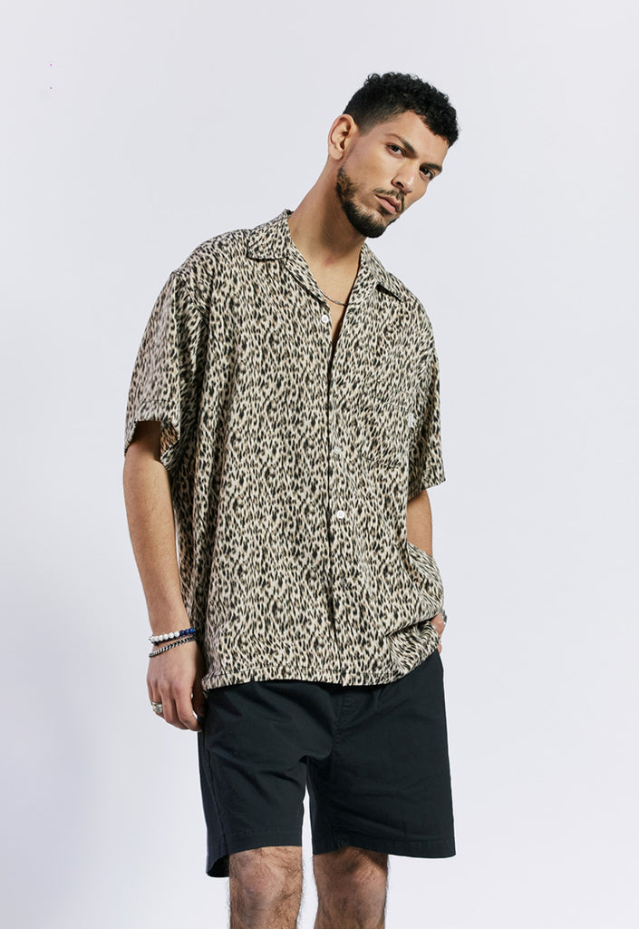 セイントペイン(SAINTPAIN) SP OVER FIT LEOPARD OPEN COLLAR SHIRTS-BEIGE