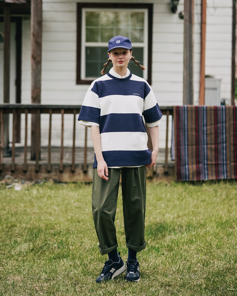ダブルユーブイプロジェクト(WV PROJECT) Mid-Summer Stripe Short-Sleeved T-Shirt Navy JIST7508