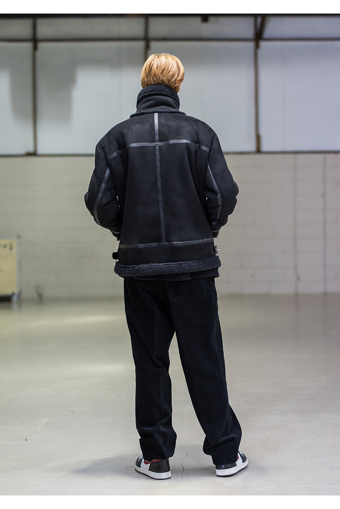 メスノウン(MASSNOUN)LEATHER STRAP OVERSIZED SUEDED MOUTON JACKET MFNJK004-BK