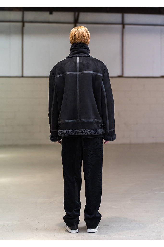 メスノウン(MASSNOUN)LEATHER STRAP OVERSIZED SUEDED MOUTON JACKET MFNJK004-BK