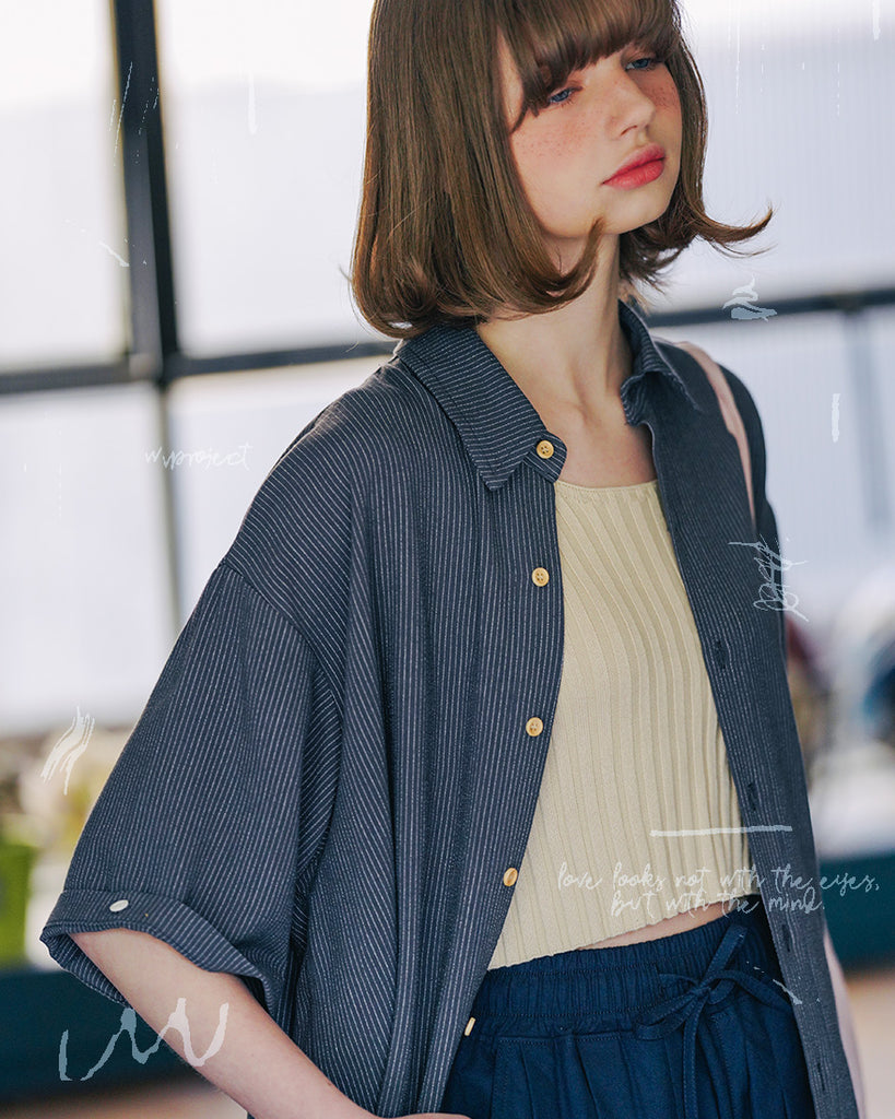 ダブルユーブイプロジェクト(WV PROJECT) Ritz Stripe Short-Sleeved Shirt Blue Gray MJSS7506