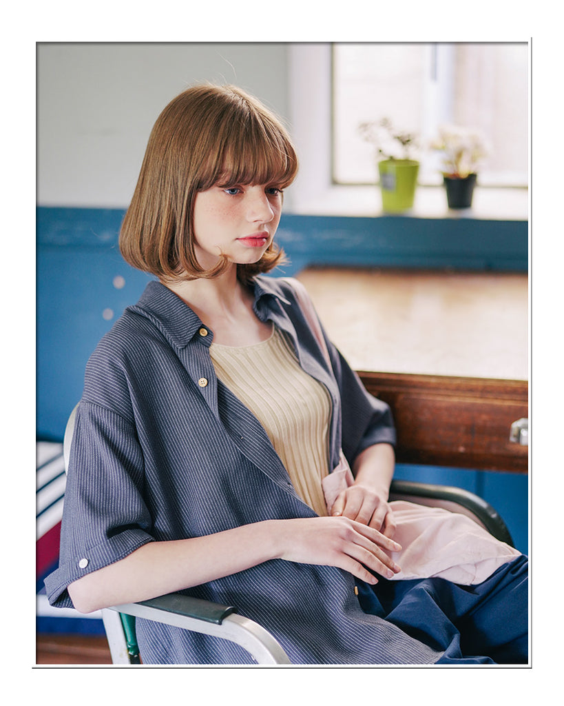 ダブルユーブイプロジェクト(WV PROJECT) Ritz Stripe Short-Sleeved Shirt Blue Gray MJSS7506
