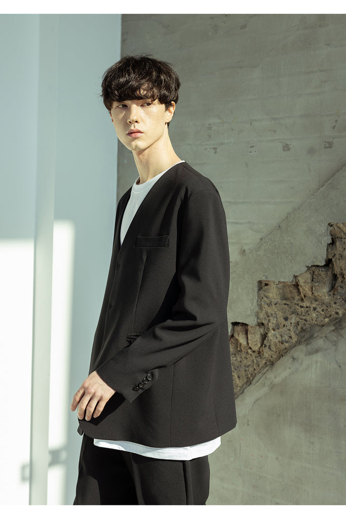 マスノウン(MASSNOUN)  COLLARLESS OVERSIZED BLAZER JACKET MSOJK005-BK