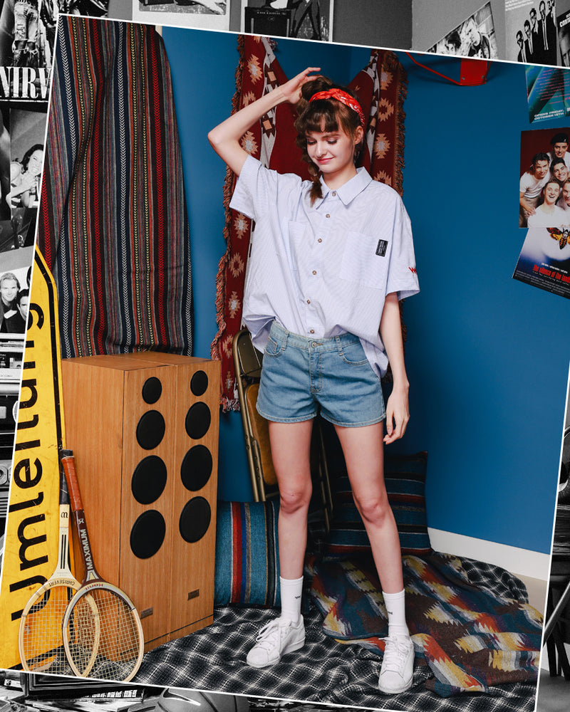 ダブルユーブイプロジェクト(WV PROJECT) THROUGH STRIPE SHIRT BLUE SYSS7273