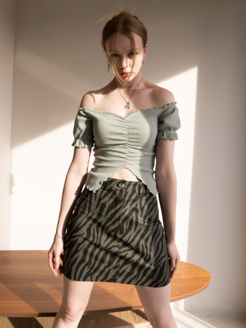 BABLETWO  (ビーエーブルトゥー)    Zebra Denim Skirt_KHAKI