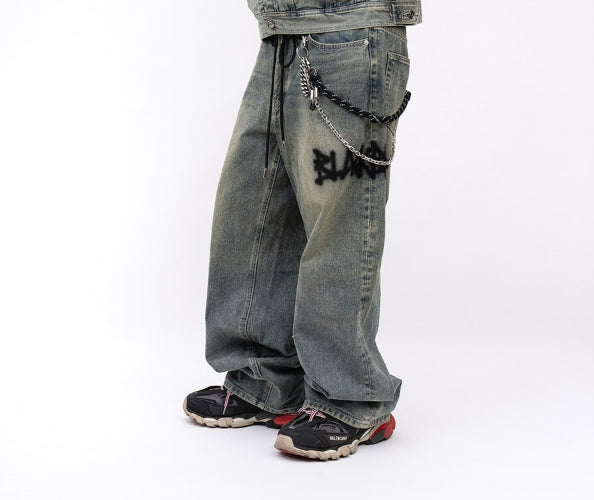ブラックブロンド(BLACKBLOND) BBD Graffiti Metal Logo Denim Pants (Rusty Blue)