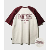 JEMUT (ジェモッ) Lightning Raglan Short T-Shirts OatmealBurgundy SOST2569