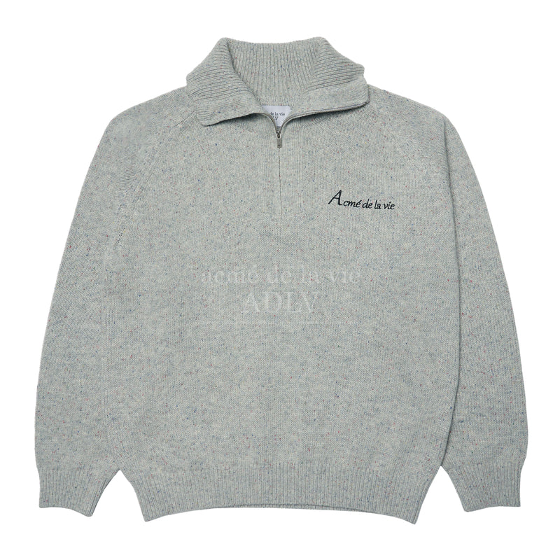 アクメドラビ(acme' de la vie)  ADLV EMBROIDERY LOGO WOOL HALF NECK ZIP-UP KNIT GREY
