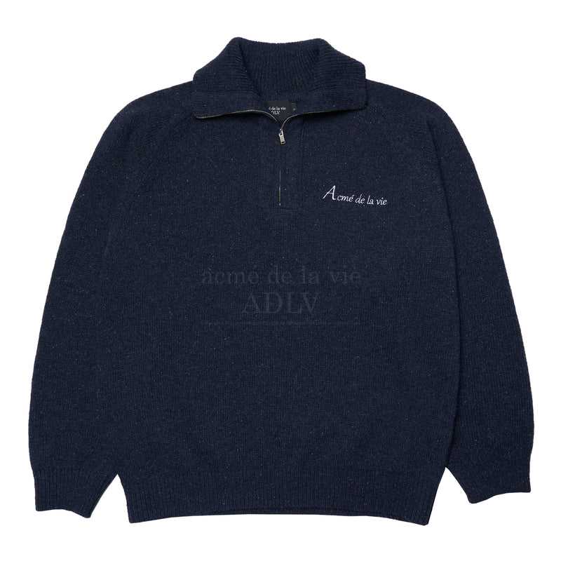 アクメドラビ(acme' de la vie)  ADLV EMBROIDERY LOGO WOOL HALF NECK ZIP-UP KNIT NAVY