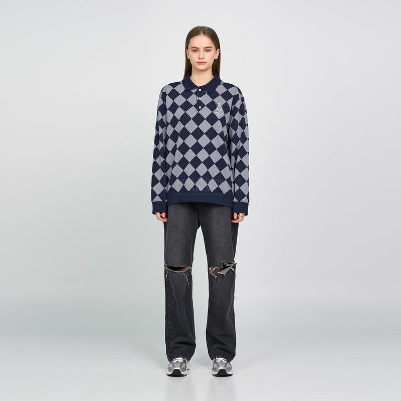 アクメドラビ(acme' de la vie) ARGYLE PATTERN PIQUE SHIRT NAVY