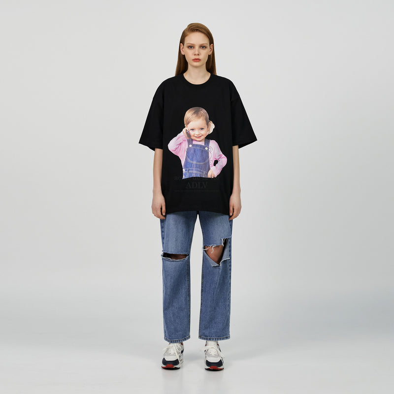 アクメドラビ(acme' de la vie) BABY FACE TELEPHONE GIRL SHORT SLEEVE T-SHIRT R BLACK