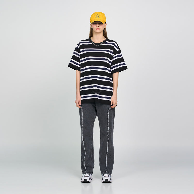 アクメドラビ(acme' de la vie) SCRIPT LOGO STRIPE SHORT SLEEVE T-SHIRT BLACK
