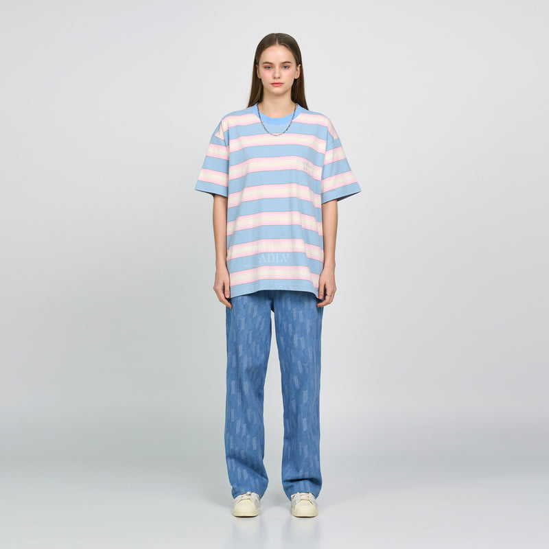 アクメドラビ(acme' de la vie) SCRIPT LOGO STRIPE SHORT SLEEVE T-SHIRT SKYBLUE