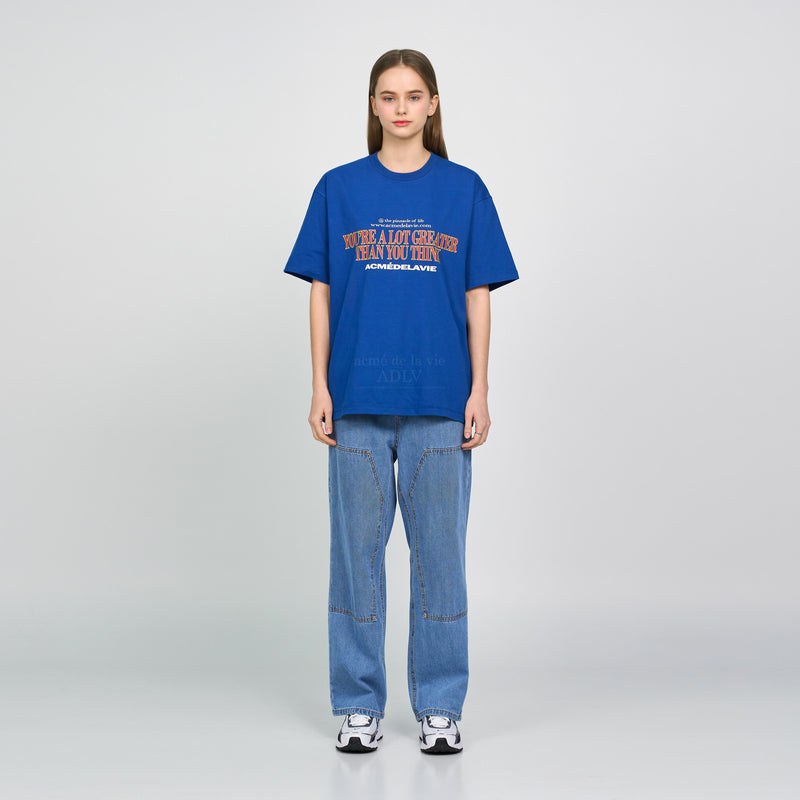 アクメドラビ(acme' de la vie) SLOGAN OLD SCHOOL SHORT SLEEVE T-SHIRT BLUE