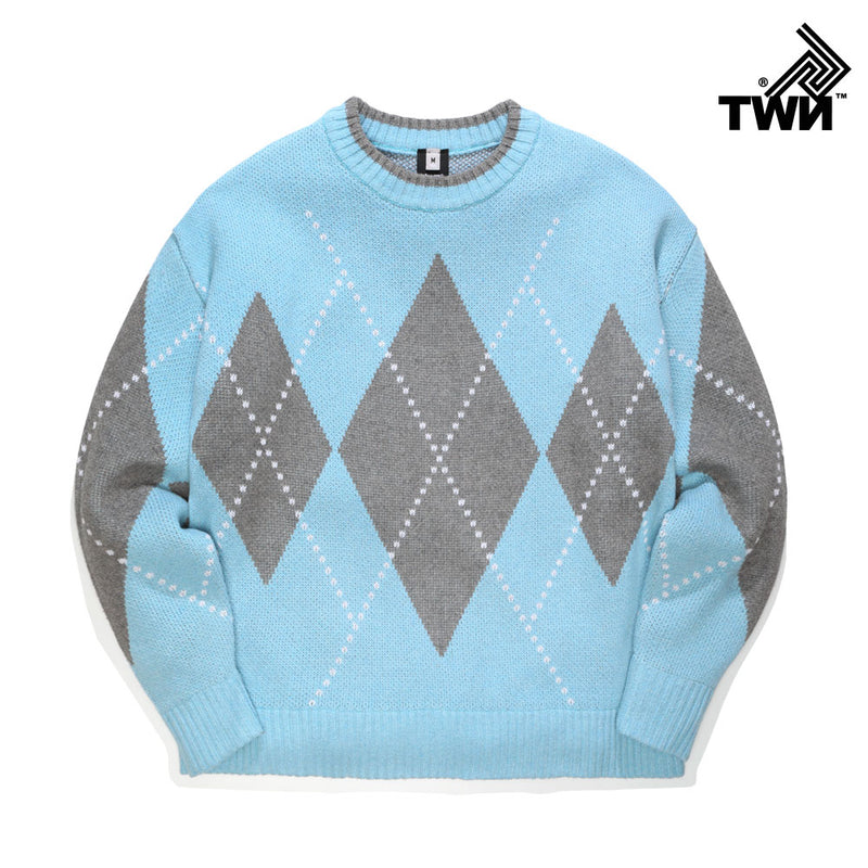 ティーダブリューエヌ(TWN) LOOSE FILL ARGYLE KNIT (4color) JEKN3230