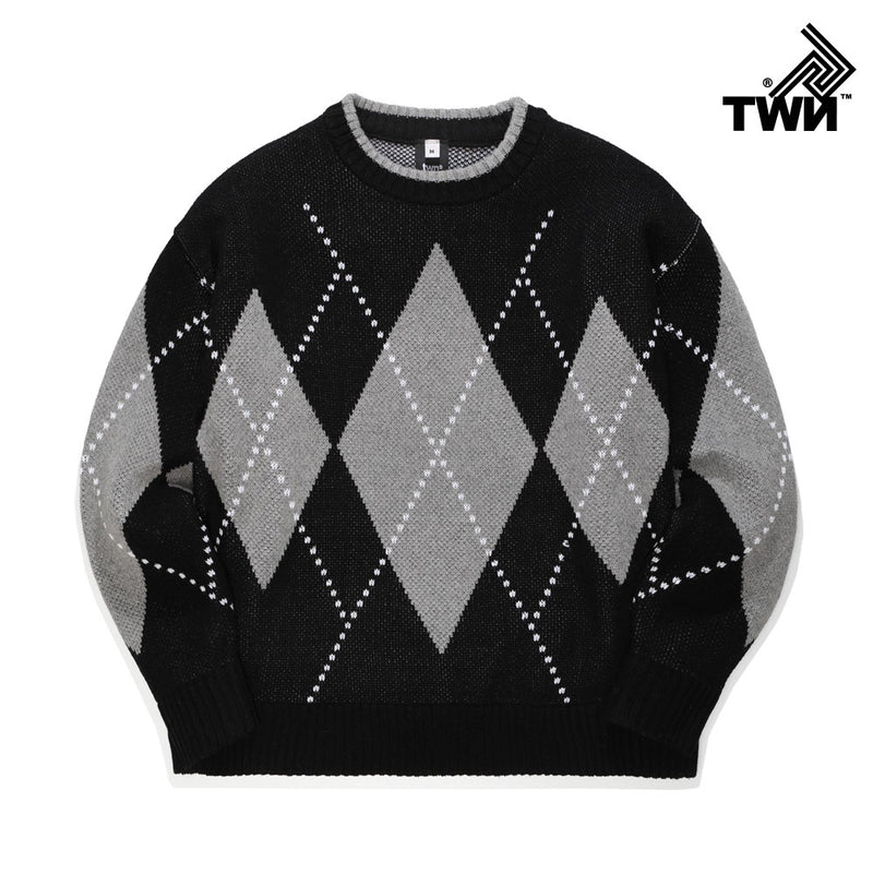 ティーダブリューエヌ(TWN) LOOSE FILL ARGYLE KNIT (4color) JEKN3230