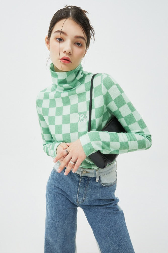 NCOVER（エンカバー）CHECKER BOARD TURTLENECK KNIT-GREEN