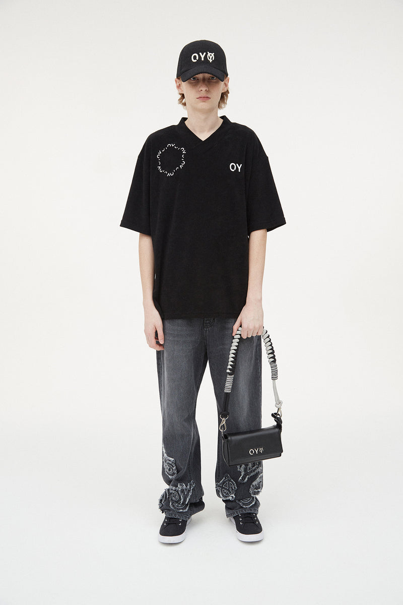 オーワイ(OY) TERRY ROUND LOGO V NECK T-BLACK