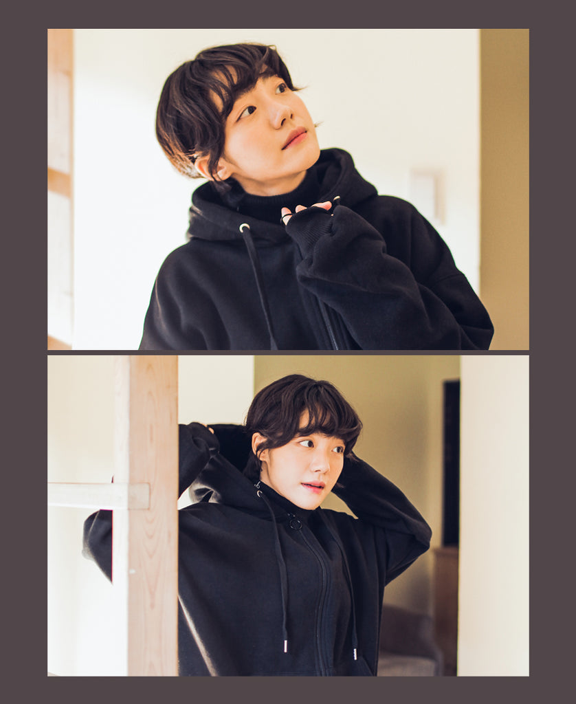 JEMUT (ジェモッ) HIGH DOUBLE NAPPING HOOD ZIP-UP BLACK HJHD2082