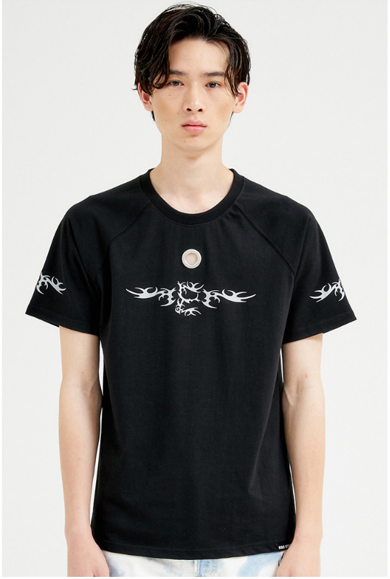 イーエスシースタジオ(ESC STUDIO) Eyelet scotch raglan T(black)