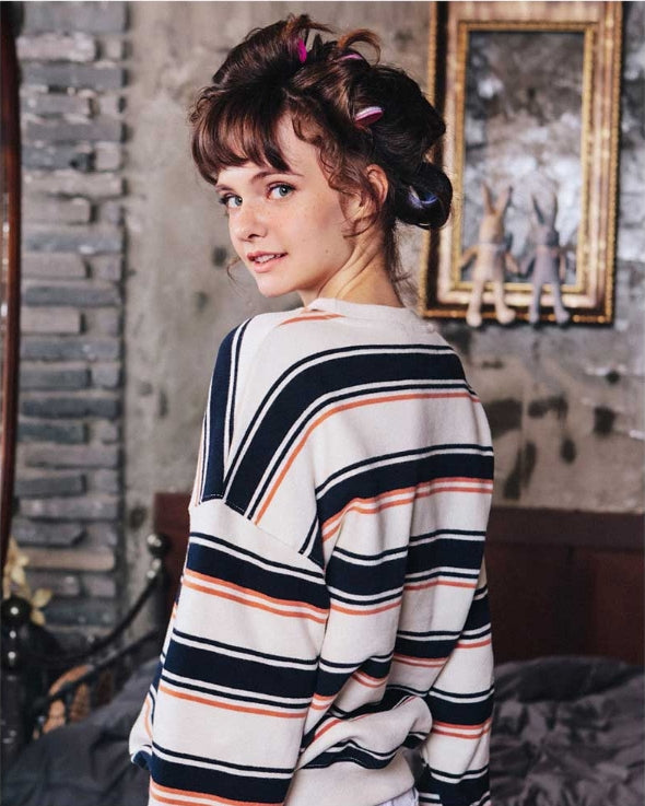 ダブルユーブイプロジェクト(WV PROJECT) LYDIA STRIPE SWEATSHIRT NAVY KHMT7186