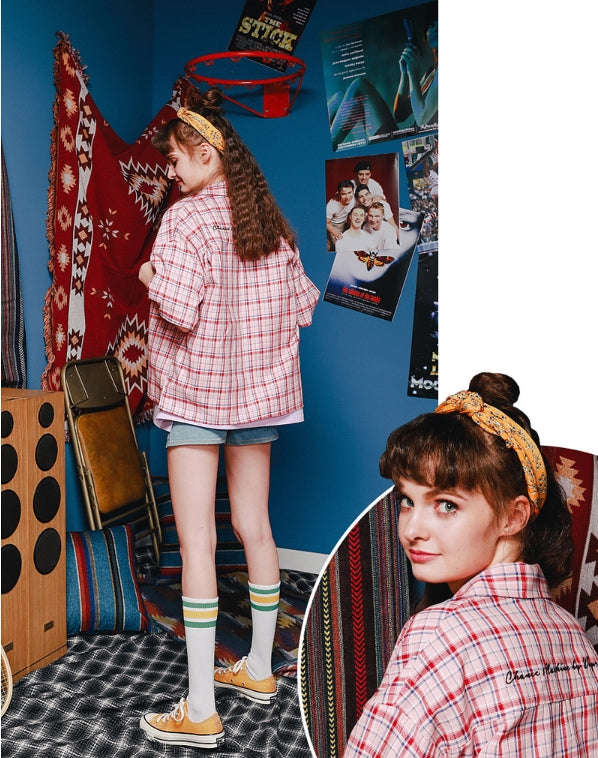 ダブルユーブイプロジェクト(WV PROJECT) NEWTRO CHECK SOHRT-SHIRTS PINK JJSS7271